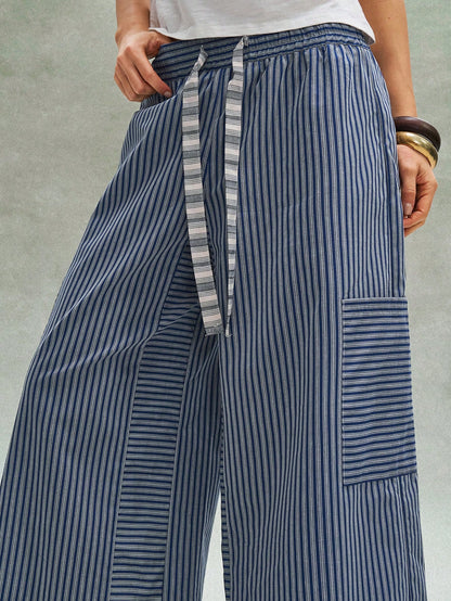 Bohemela Women's Blue And White Stripe Loose Pants,Bohemian Retro Patchwork Elastic Waistband Summer Boho Vacation Beach Music Festival Casual Y2K Trousers