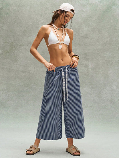 Bohemela Women's Blue And White Stripe Loose Pants,Bohemian Retro Patchwork Elastic Waistband Summer Boho Vacation Beach Music Festival Casual Y2K Trousers