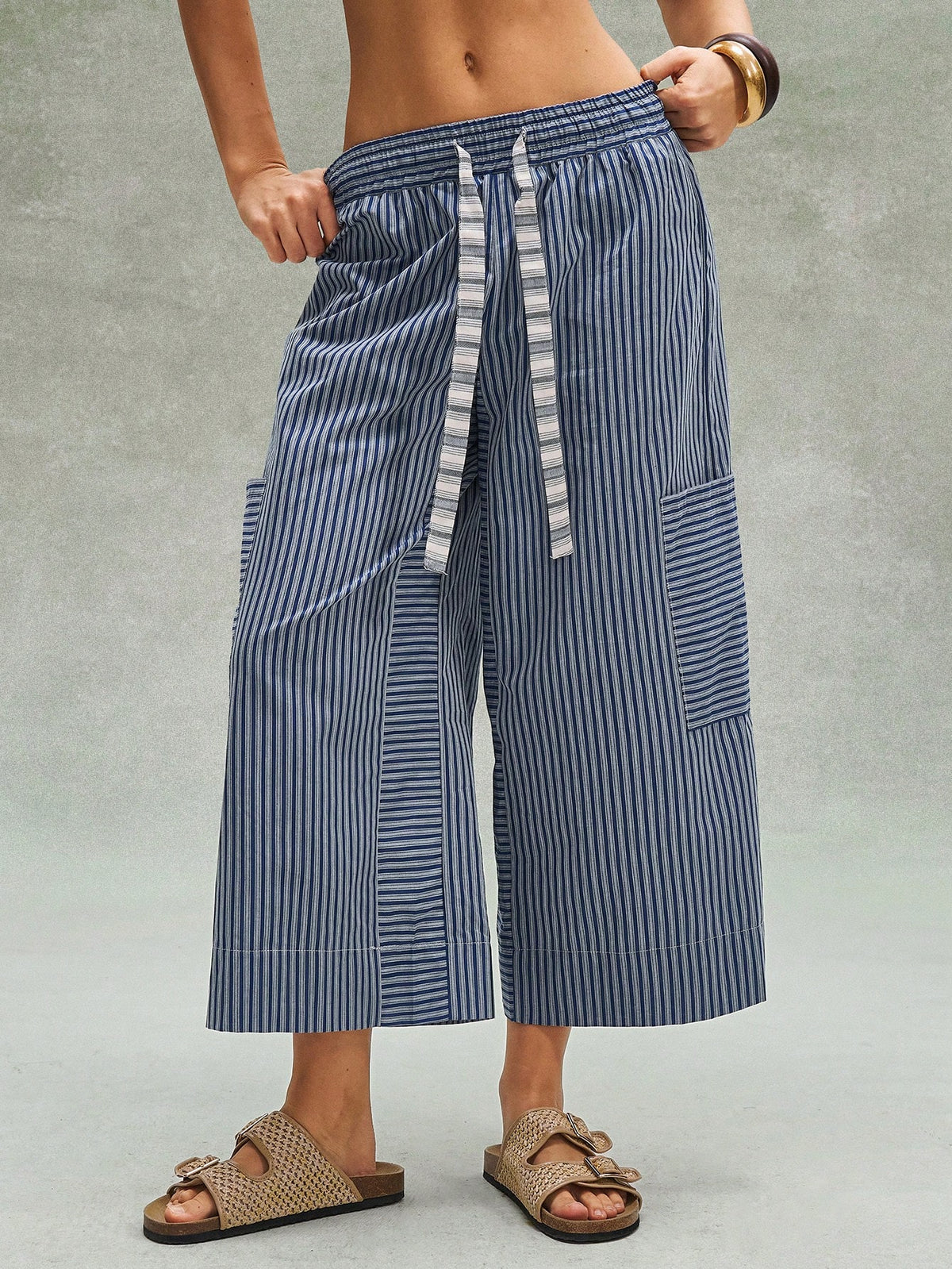 Bohemela Women's Blue And White Stripe Loose Pants,Bohemian Retro Patchwork Elastic Waistband Summer Boho Vacation Beach Music Festival Casual Y2K Trousers