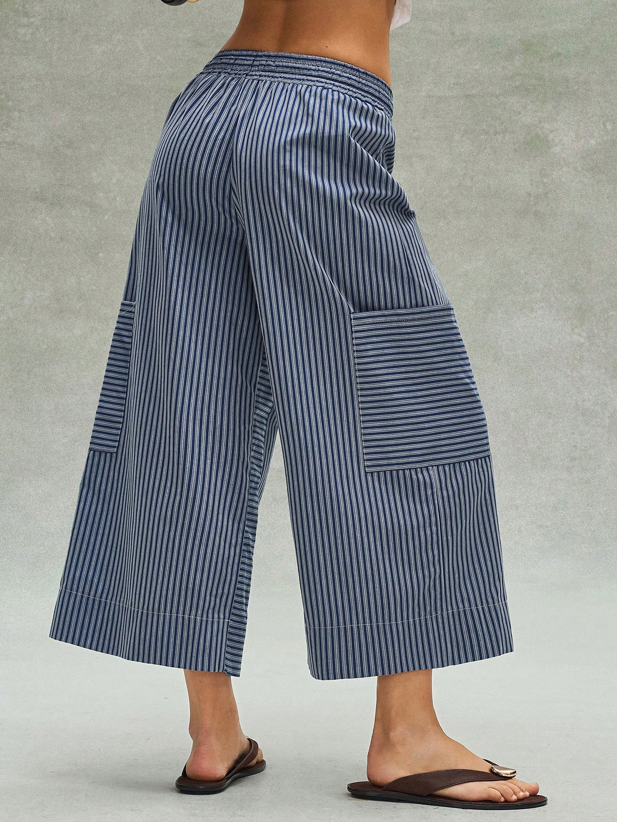 Bohemela Women's Blue And White Stripe Loose Pants,Bohemian Retro Patchwork Elastic Waistband Summer Boho Vacation Beach Music Festival Casual Y2K Trousers