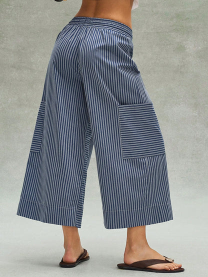 Bohemela Women's Blue And White Stripe Loose Pants,Bohemian Retro Patchwork Elastic Waistband Summer Boho Vacation Beach Music Festival Casual Y2K Trousers