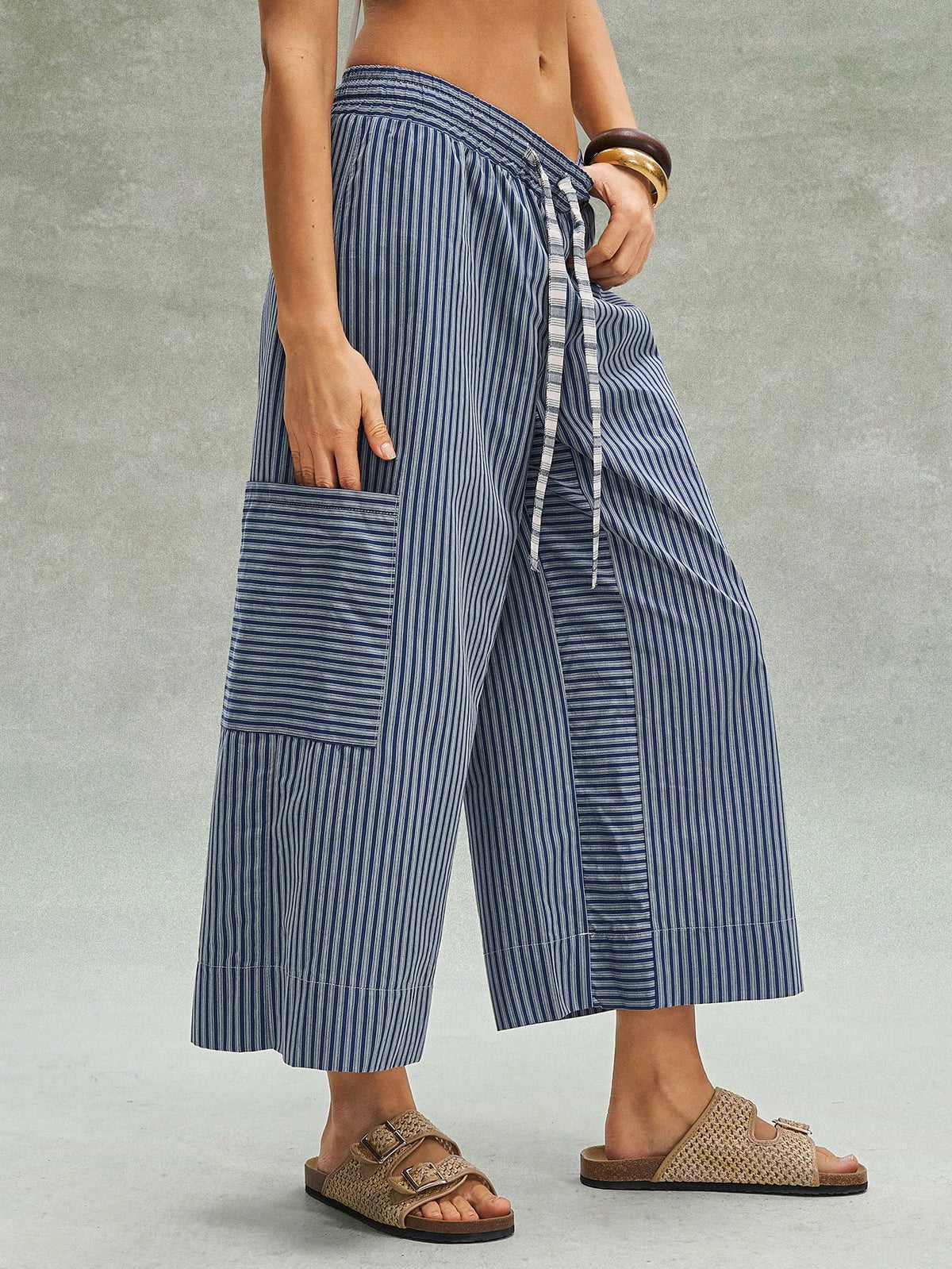 Bohemela Women's Blue And White Stripe Loose Pants,Bohemian Retro Patchwork Elastic Waistband Summer Boho Vacation Beach Music Festival Casual Y2K Trousers