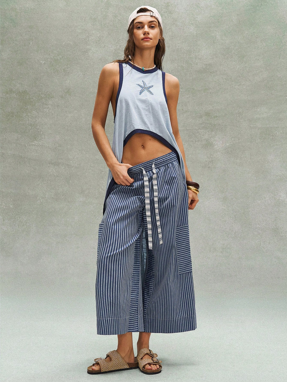 Bohemela Women's Blue And White Stripe Loose Pants,Bohemian Retro Patchwork Elastic Waistband Summer Boho Vacation Beach Music Festival Casual Y2K Trousers