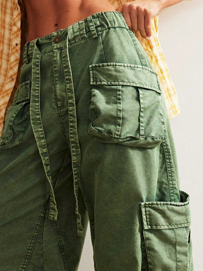 Bohemela Women's Oversized Olive Green Cargo Pants,Summer Boho Low-Rise Wide Leg Pants With Flap Pocket,Vintage Y2k City Break Loose Drawstring Waist Trousers