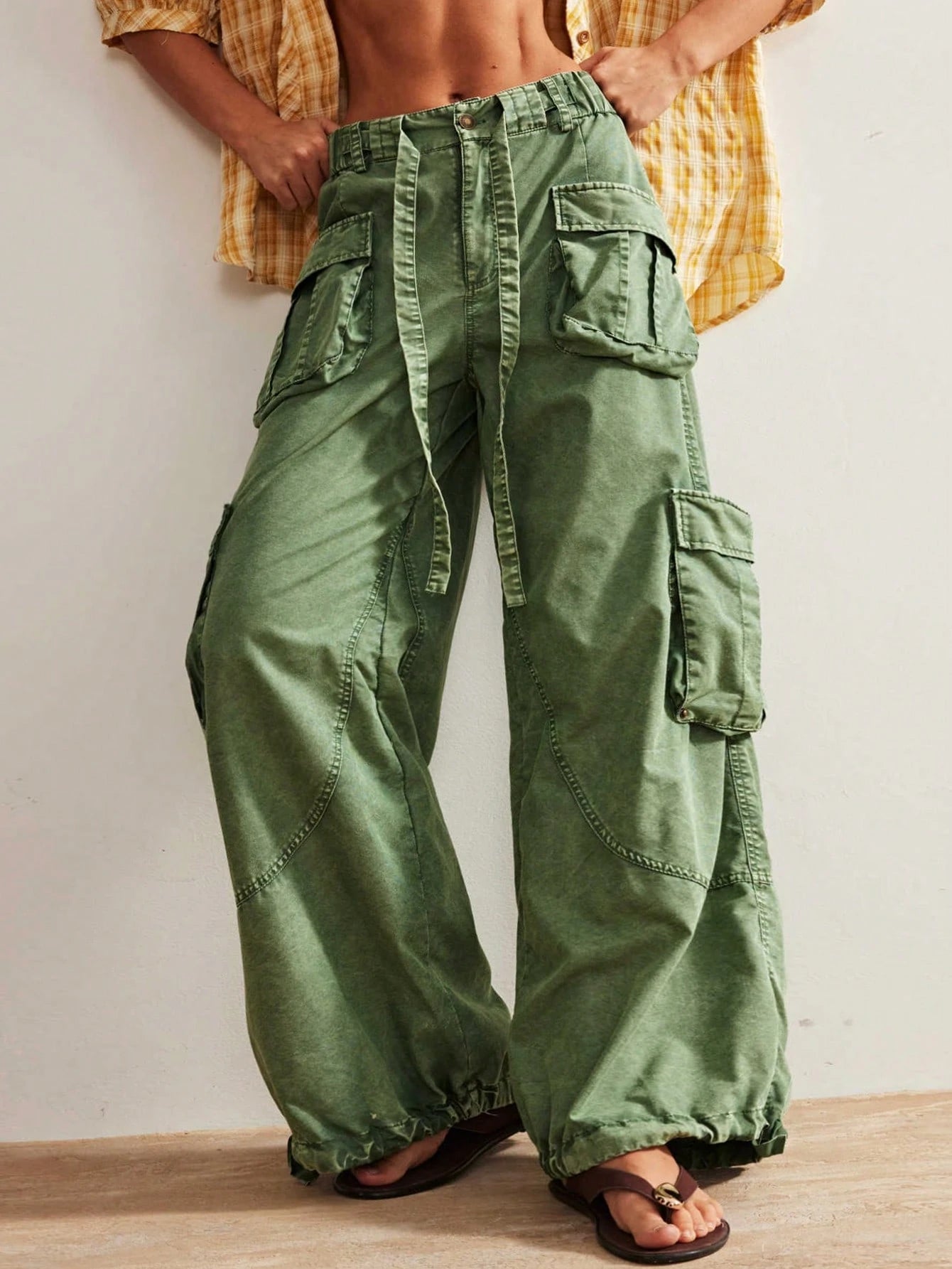 Bohemela Women's Oversized Olive Green Cargo Pants,Summer Boho Low-Rise Wide Leg Pants With Flap Pocket,Vintage Y2k City Break Loose Drawstring Waist Trousers
