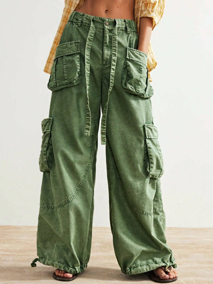 Bohemela Women's Oversized Olive Green Cargo Pants,Summer Boho Low-Rise Wide Leg Pants With Flap Pocket,Vintage Y2k City Break Loose Drawstring Waist Trousers