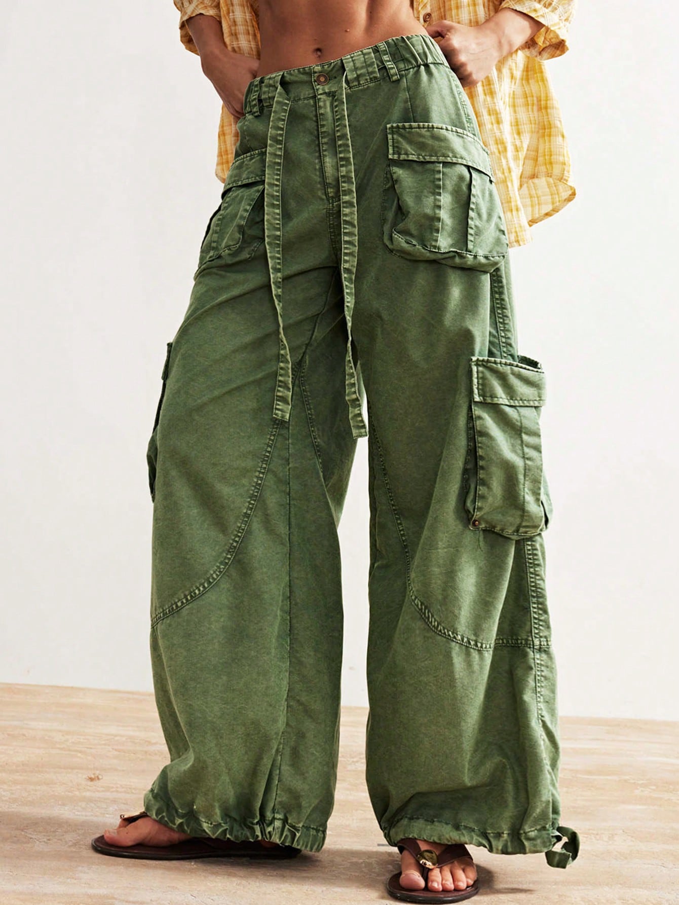 Bohemela Women's Oversized Olive Green Cargo Pants,Summer Boho Low-Rise Wide Leg Pants With Flap Pocket,Vintage Y2k City Break Loose Drawstring Waist Trousers