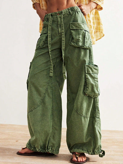 Bohemela Women's Oversized Olive Green Cargo Pants,Summer Boho Low-Rise Wide Leg Pants With Flap Pocket,Vintage Y2k City Break Loose Drawstring Waist Trousers