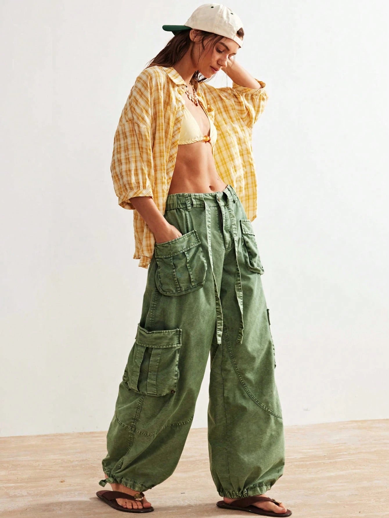 Bohemela Women's Oversized Olive Green Cargo Pants,Summer Boho Low-Rise Wide Leg Pants With Flap Pocket,Vintage Y2k City Break Loose Drawstring Waist Trousers
