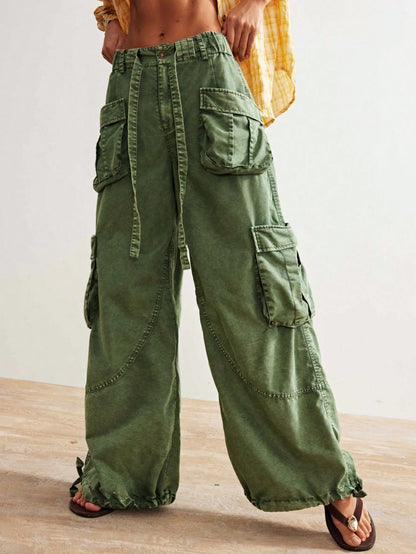 Bohemela Women's Oversized Olive Green Cargo Pants,Summer Boho Low-Rise Wide Leg Pants With Flap Pocket,Vintage Y2k City Break Loose Drawstring Waist Trousers