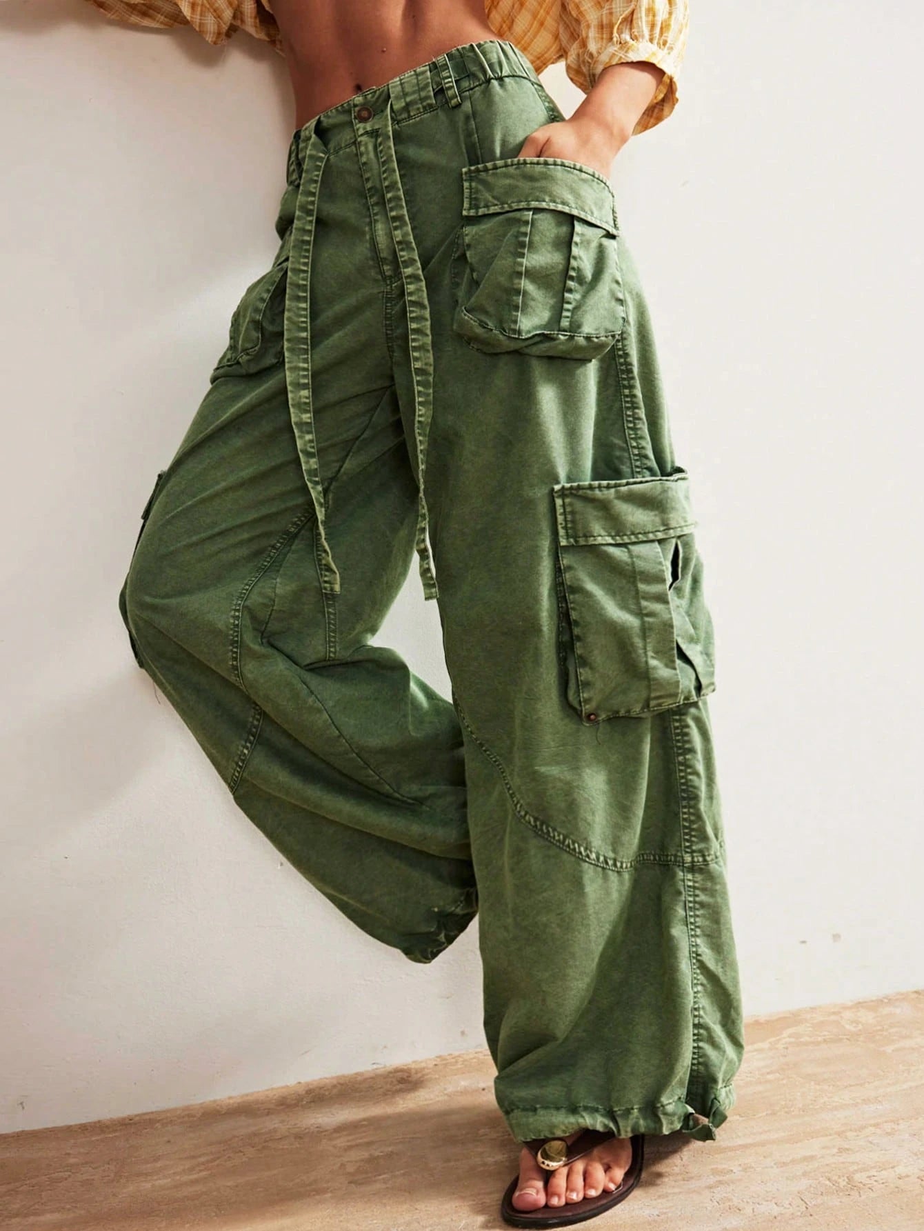 Bohemela Women's Oversized Olive Green Cargo Pants,Summer Boho Low-Rise Wide Leg Pants With Flap Pocket,Vintage Y2k City Break Loose Drawstring Waist Trousers