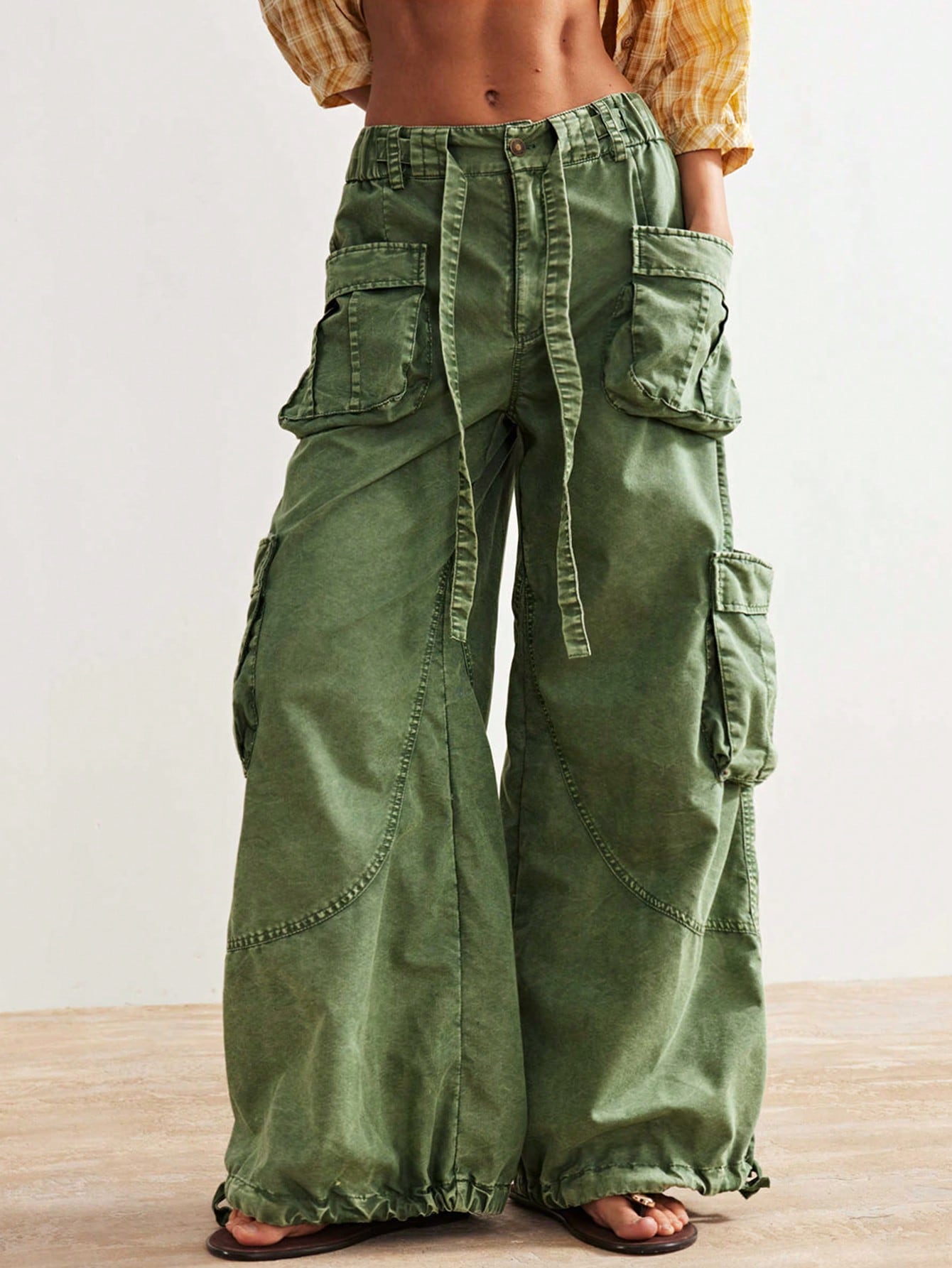 Bohemela Women's Oversized Olive Green Cargo Pants,Summer Boho Low-Rise Wide Leg Pants With Flap Pocket,Vintage Y2k City Break Loose Drawstring Waist Trousers