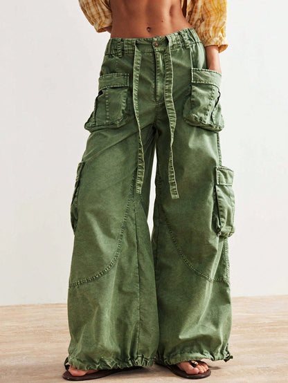 Bohemela Women's Oversized Olive Green Cargo Pants,Summer Boho Low-Rise Wide Leg Pants With Flap Pocket,Vintage Y2k City Break Loose Drawstring Waist Trousers