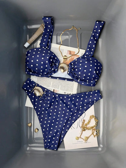 Bonvoyette 2pcs/Set Navy Blue Polka Dot High Cut Bikini Swimwear,Women Padded Push Up Bathing Suit,Summer Tropical Holiday,Pool Party Vacation,Beachwear