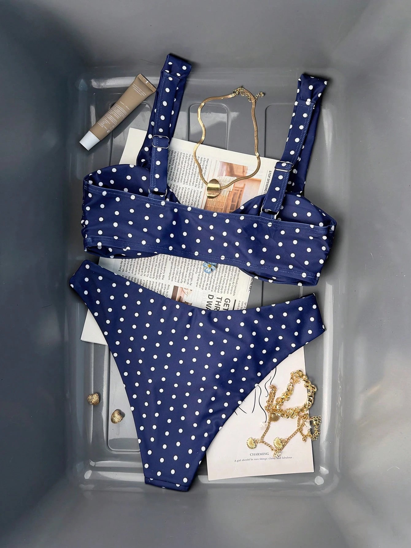 Bonvoyette 2pcs/Set Navy Blue Polka Dot High Cut Bikini Swimwear,Women Padded Push Up Bathing Suit,Summer Tropical Holiday,Pool Party Vacation,Beachwear