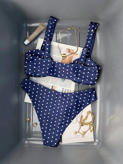 Bonvoyette 2pcs/Set Navy Blue Polka Dot High Cut Bikini Swimwear,Women Padded Push Up Bathing Suit,Summer Tropical Holiday,Pool Party Vacation,Beachwear