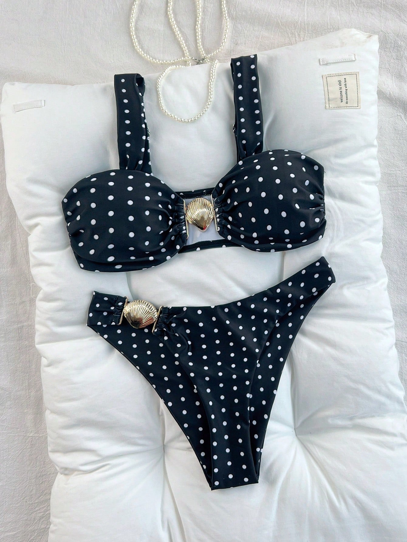 Bonvoyette 2pcs/Set Navy Blue Polka Dot High Cut Bikini Swimwear,Women Padded Push Up Bathing Suit,Summer Tropical Holiday,Pool Party Vacation,Beachwear