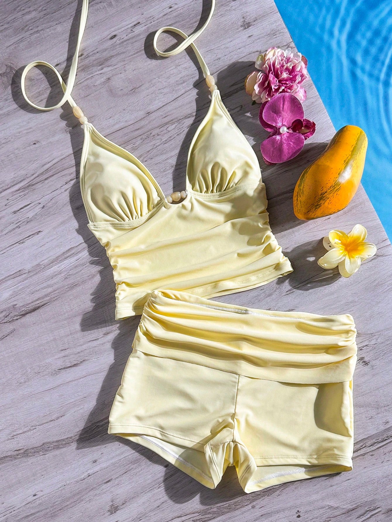 Bonvoyette 2pcs Women Beachwear Tankini,Bra Built In Push Up Croptop Camisole Vest Gym Style Yellow Summer Casual Holiday Vacation, Bikini Short Pants Set