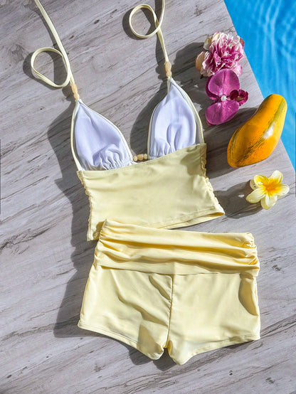 Bonvoyette 2pcs Women Beachwear Tankini,Bra Built In Push Up Croptop Camisole Vest Gym Style Yellow Summer Casual Holiday Vacation, Bikini Short Pants Set