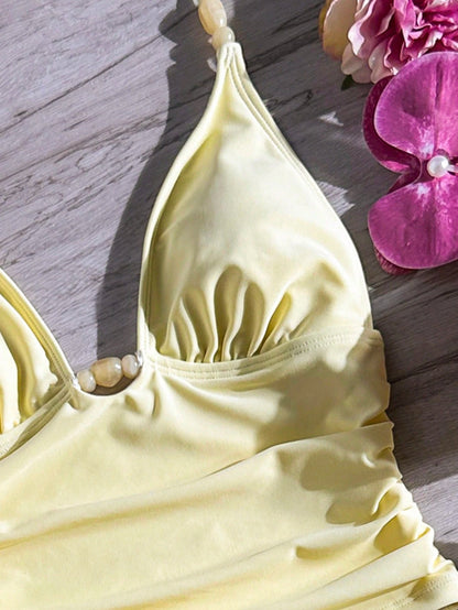 Bonvoyette 2pcs Women Beachwear Tankini,Bra Built In Push Up Croptop Camisole Vest Gym Style Yellow Summer Casual Holiday Vacation, Bikini Short Pants Set