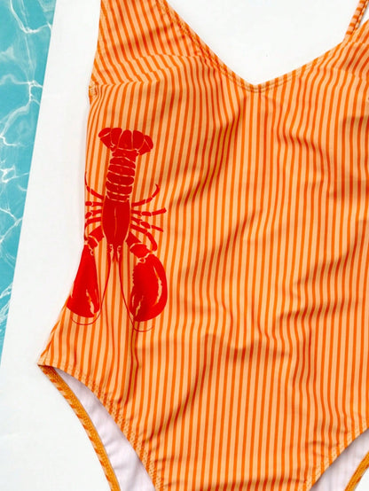 Bonvoyette Bestselling Lobster Print Backless Minimalist One-Piece Swimsuit For Women