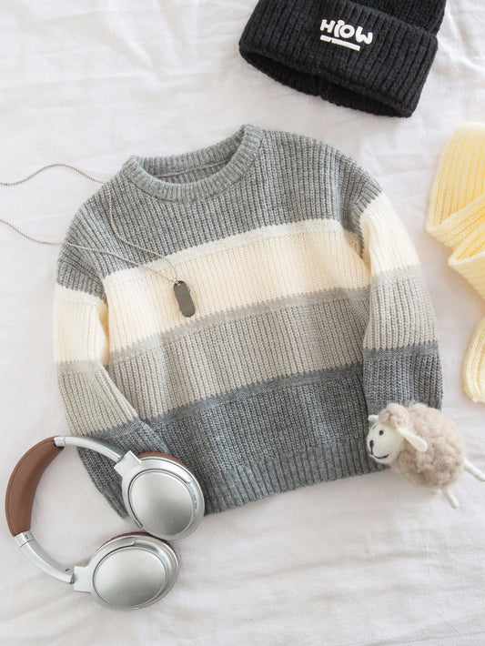 Boys'Simple Contrast Color Wide Stripe Patchwork Sweater For Back-To-School,80s Style Warm Winter Clothes For Kids,Suitable For School And Home,Fall