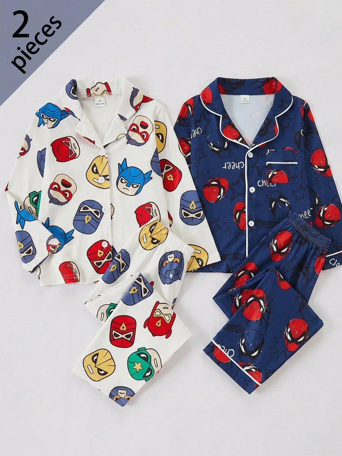 Boys' White Base Multi-Color Superhero Mask Pattern Knit Collared Long Sleeve Top And Long Pants 2-Piece Set, Made Of Comfortable Flame-Retardant Fabric, Perfect For Home And Casual Wear