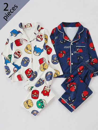 Boys' White Base Multi-Color Superhero Mask Pattern Knit Collared Long Sleeve Top And Long Pants 2-Piece Set, Made Of Comfortable Flame-Retardant Fabric, Perfect For Home And Casual Wear