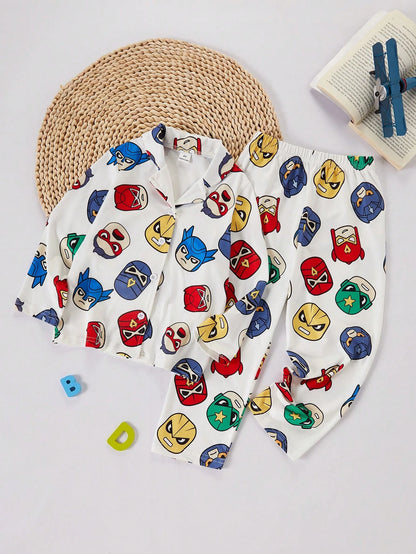 Boys' White Base Multi-Color Superhero Mask Pattern Knit Collared Long Sleeve Top And Long Pants 2-Piece Set, Made Of Comfortable Flame-Retardant Fabric, Perfect For Home And Casual Wear