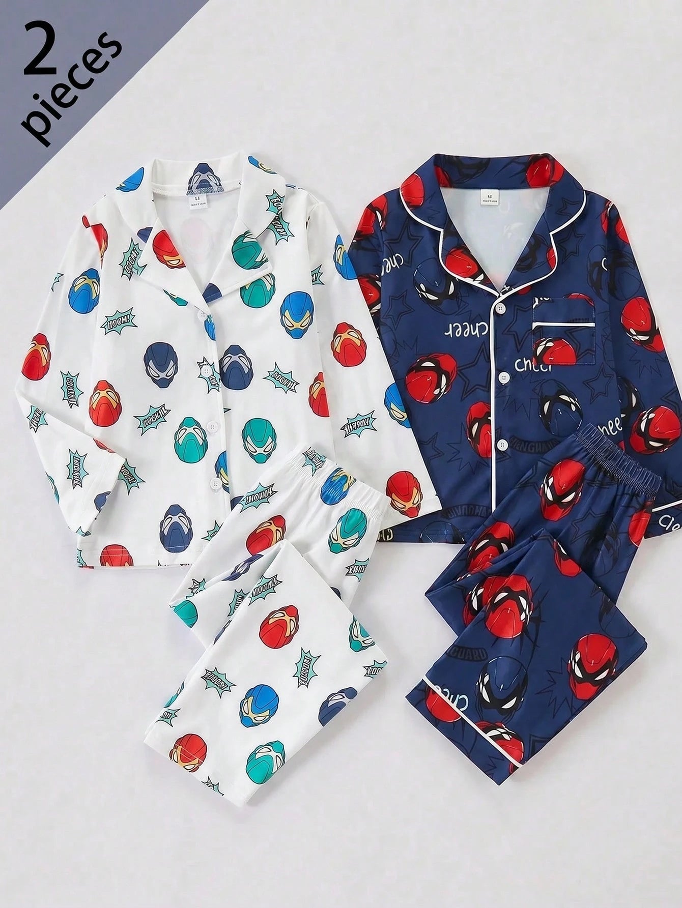 Boys' White Base Multi-Color Superhero Mask Pattern Knit Collared Long Sleeve Top And Long Pants 2-Piece Set, Made Of Comfortable Flame-Retardant Fabric, Perfect For Home And Casual Wear