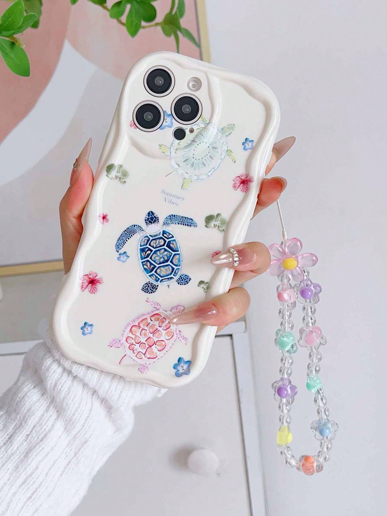 Bracelet + Turtle Flower Pattern, Cream Shell Antique White Shockproof Phone Case, TPU Material, Suitable As Holiday Gift, Compatible With Apple IPhone XS/XS Max/XR/11/12/13/14/15/16 Pro/Pro Max/14/15
