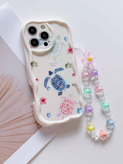 Bracelet + Turtle Flower Pattern, Cream Shell Antique White Shockproof Phone Case, TPU Material, Suitable As Holiday Gift, Compatible With Apple IPhone XS/XS Max/XR/11/12/13/14/15/16 Pro/Pro Max/14/15