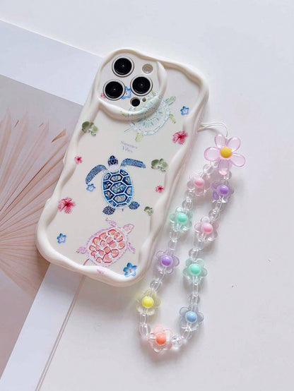 Bracelet + Turtle Flower Pattern, Cream Shell Antique White Shockproof Phone Case, TPU Material, Suitable As Holiday Gift, Compatible With Apple IPhone XS/XS Max/XR/11/12/13/14/15/16 Pro/Pro Max/14/15