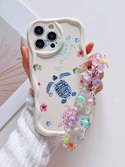 Bracelet + Turtle Flower Pattern, Cream Shell Antique White Shockproof Phone Case, TPU Material, Suitable As Holiday Gift, Compatible With Apple IPhone XS/XS Max/XR/11/12/13/14/15/16 Pro/Pro Max/14/15