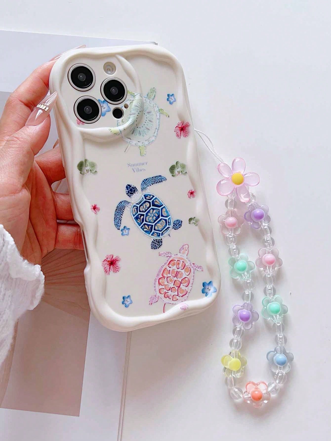 Bracelet + Turtle Flower Pattern, Cream Shell Antique White Shockproof Phone Case, TPU Material, Suitable As Holiday Gift, Compatible With Apple IPhone XS/XS Max/XR/11/12/13/14/15/16 Pro/Pro Max/14/15