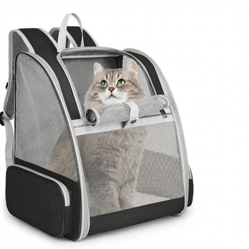 Breathable Anti-Escape Pet Backpack, Large Portable Cat Carrier With Roller Shutter & Visible Window, Spacious Stylish Travel Pet Bag