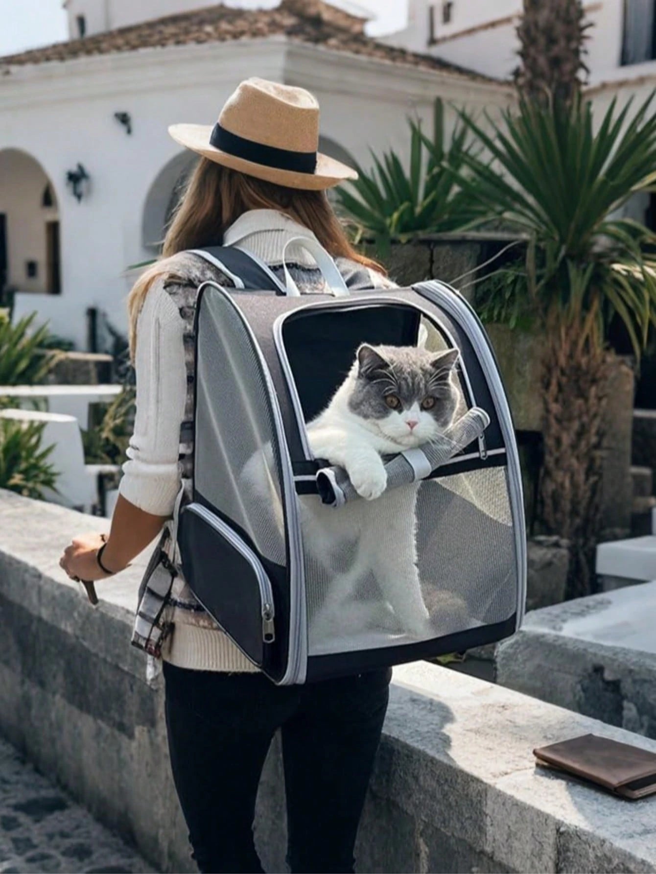 Breathable Anti-Escape Pet Backpack, Large Portable Cat Carrier With Roller Shutter & Visible Window, Spacious Stylish Travel Pet Bag