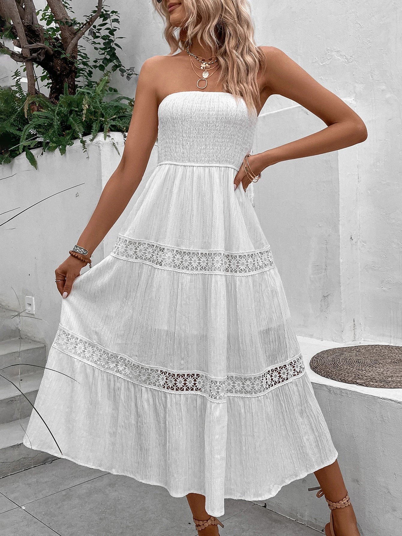Breezaya Guipure Lace Insert Tube A-Line Dress Vacation Beach Outfits Women