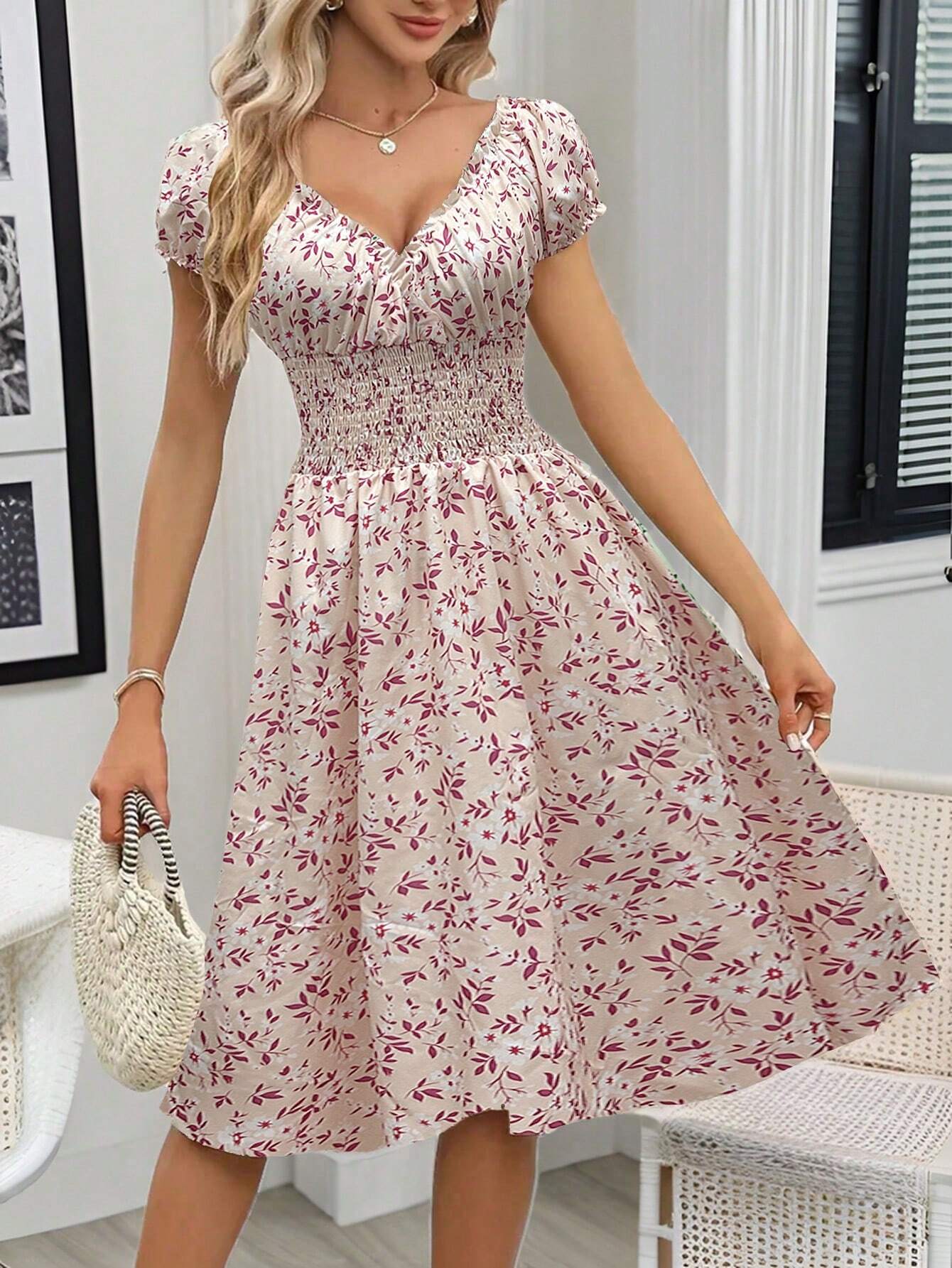 Breezaya Women's Ditsy Floral V-Neck Tie Waist Dress Maxi Women Outfit