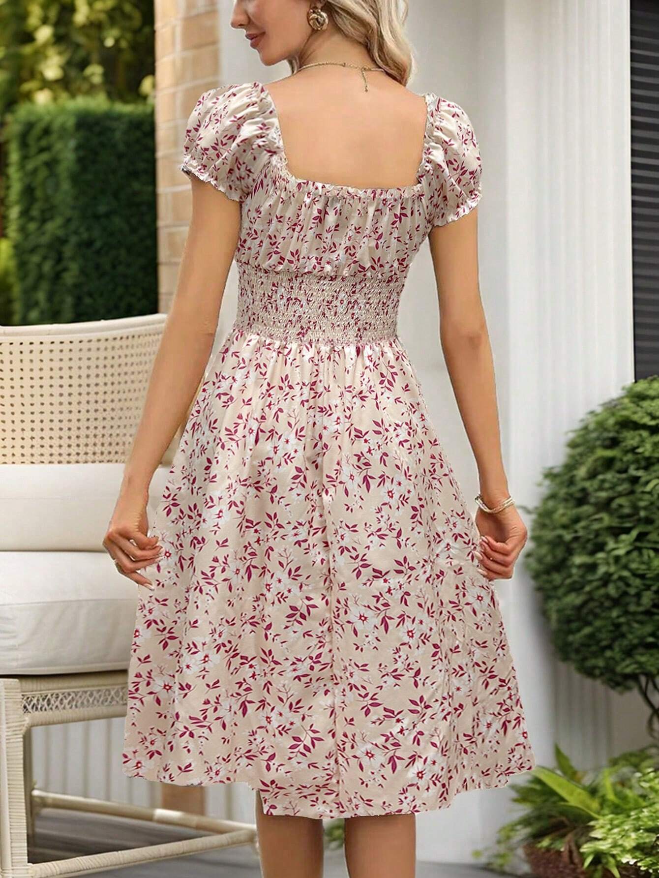 Breezaya Women's Ditsy Floral V-Neck Tie Waist Dress Maxi Women Outfit