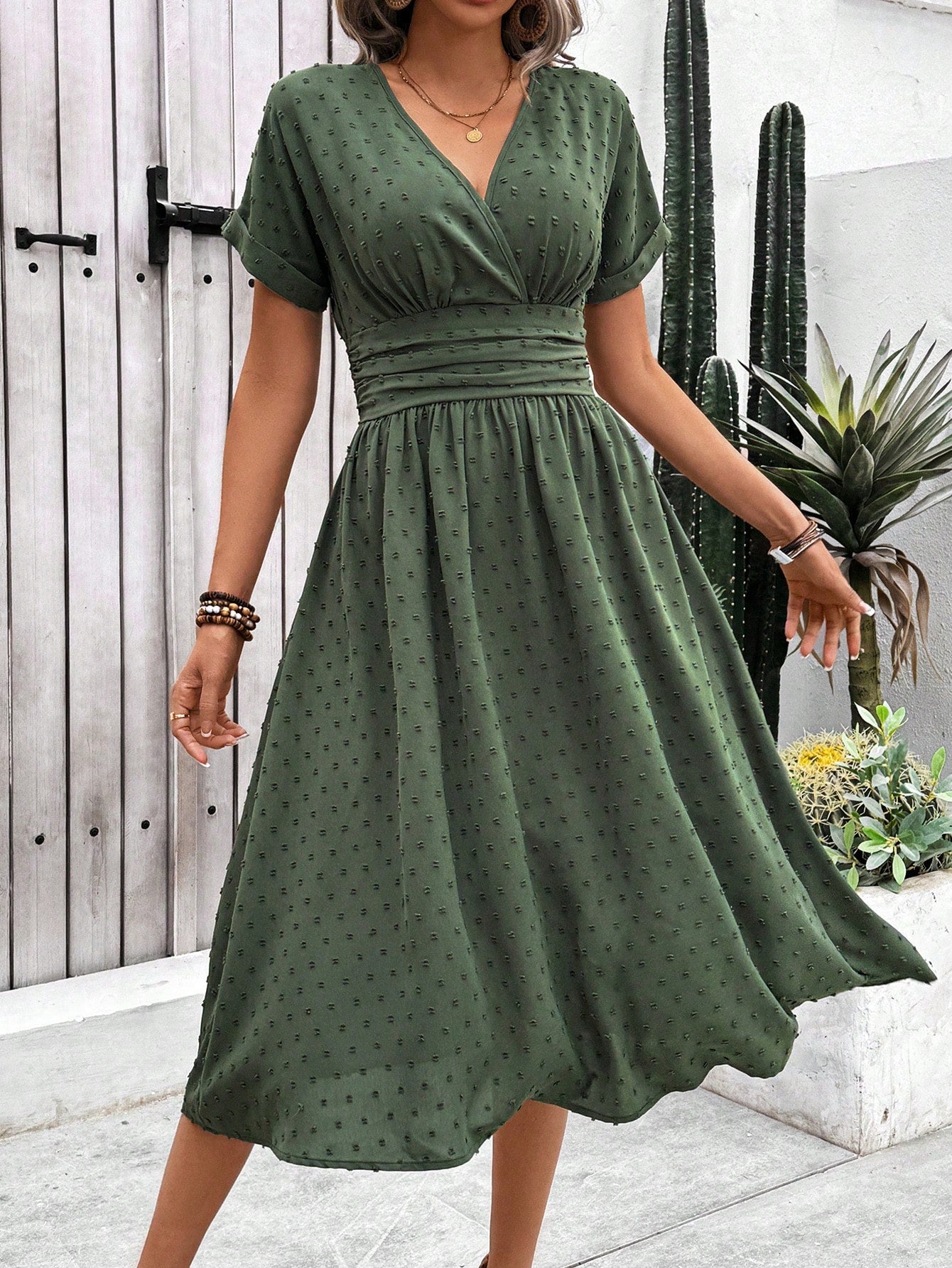 Breezaya Women's Holiday Leisure Solid Color Cinched Waist Dress Maxi Women Outfit