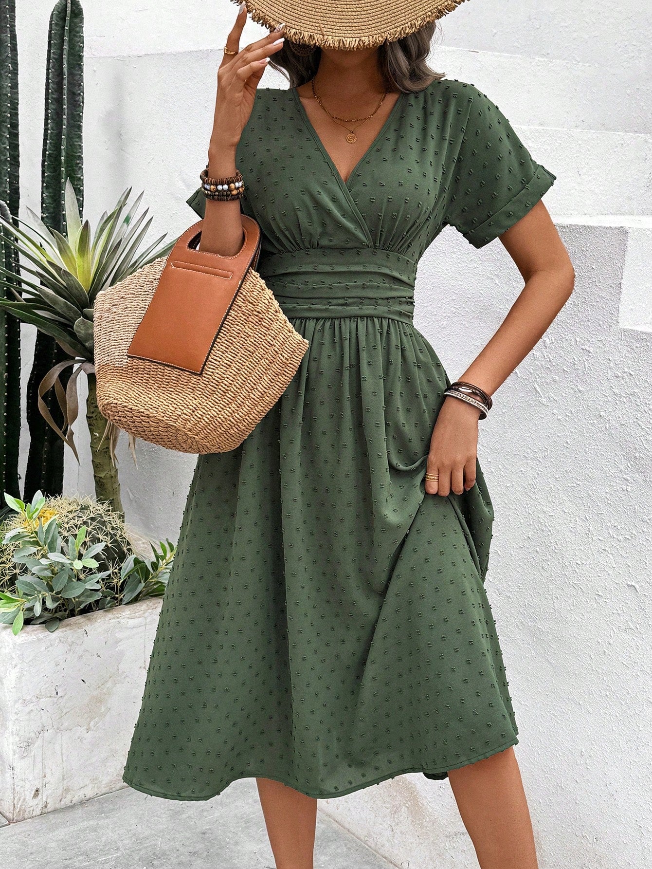 Breezaya Women's Holiday Leisure Solid Color Cinched Waist Dress Maxi Women Outfit