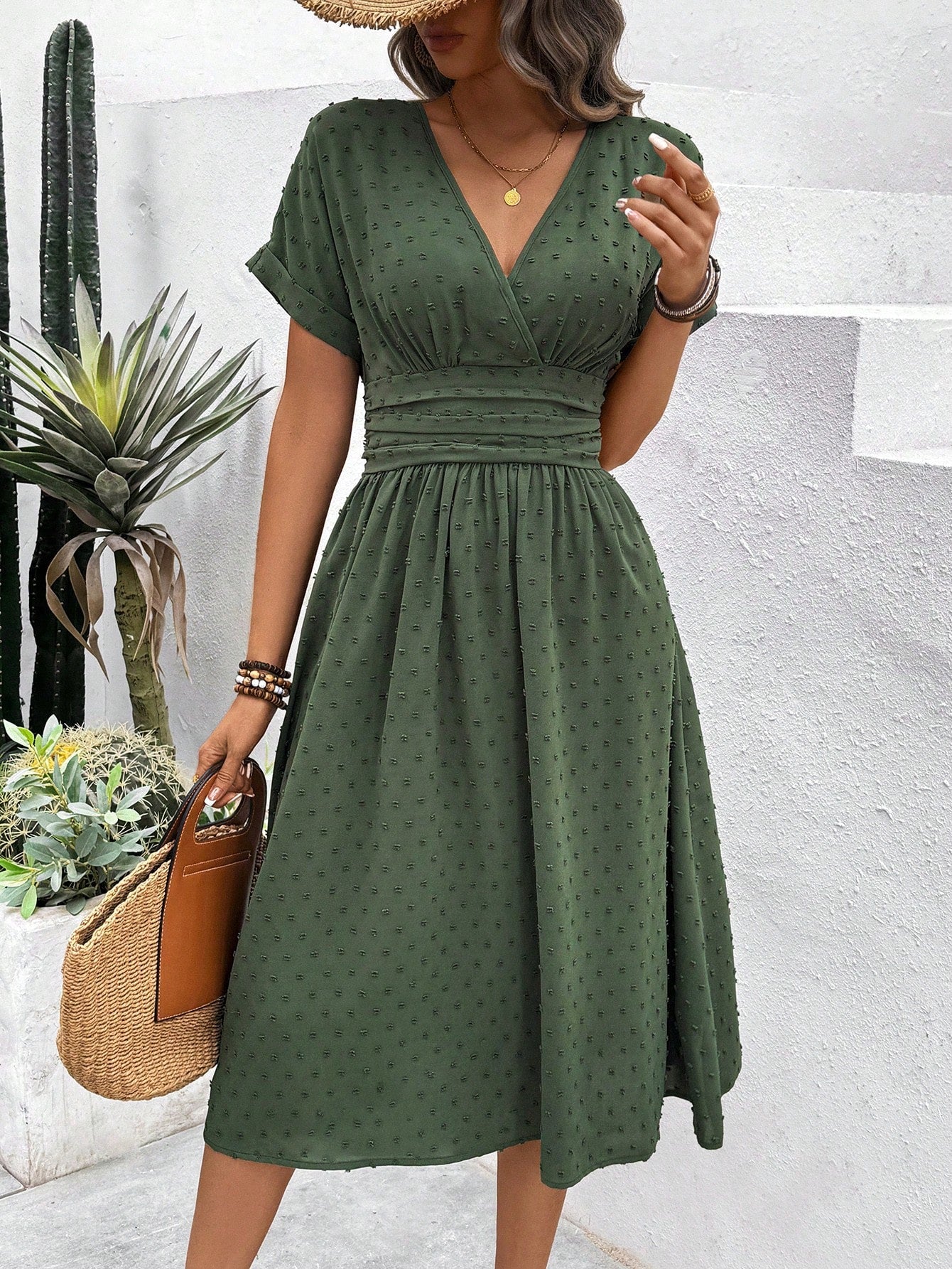Breezaya Women's Holiday Leisure Solid Color Cinched Waist Dress Maxi Women Outfit