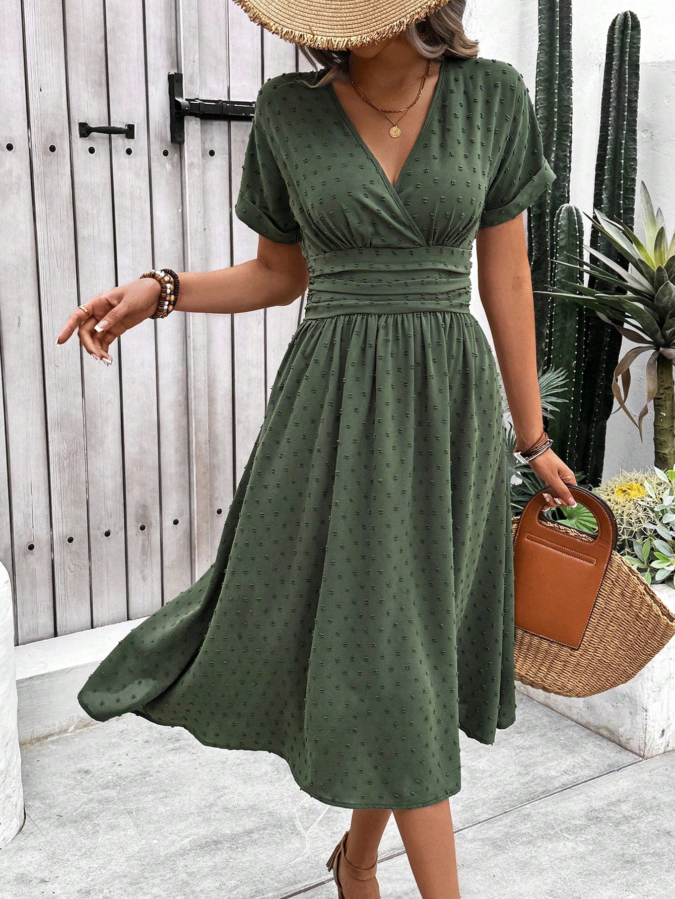 Breezaya Women's Holiday Leisure Solid Color Cinched Waist Dress Maxi Women Outfit