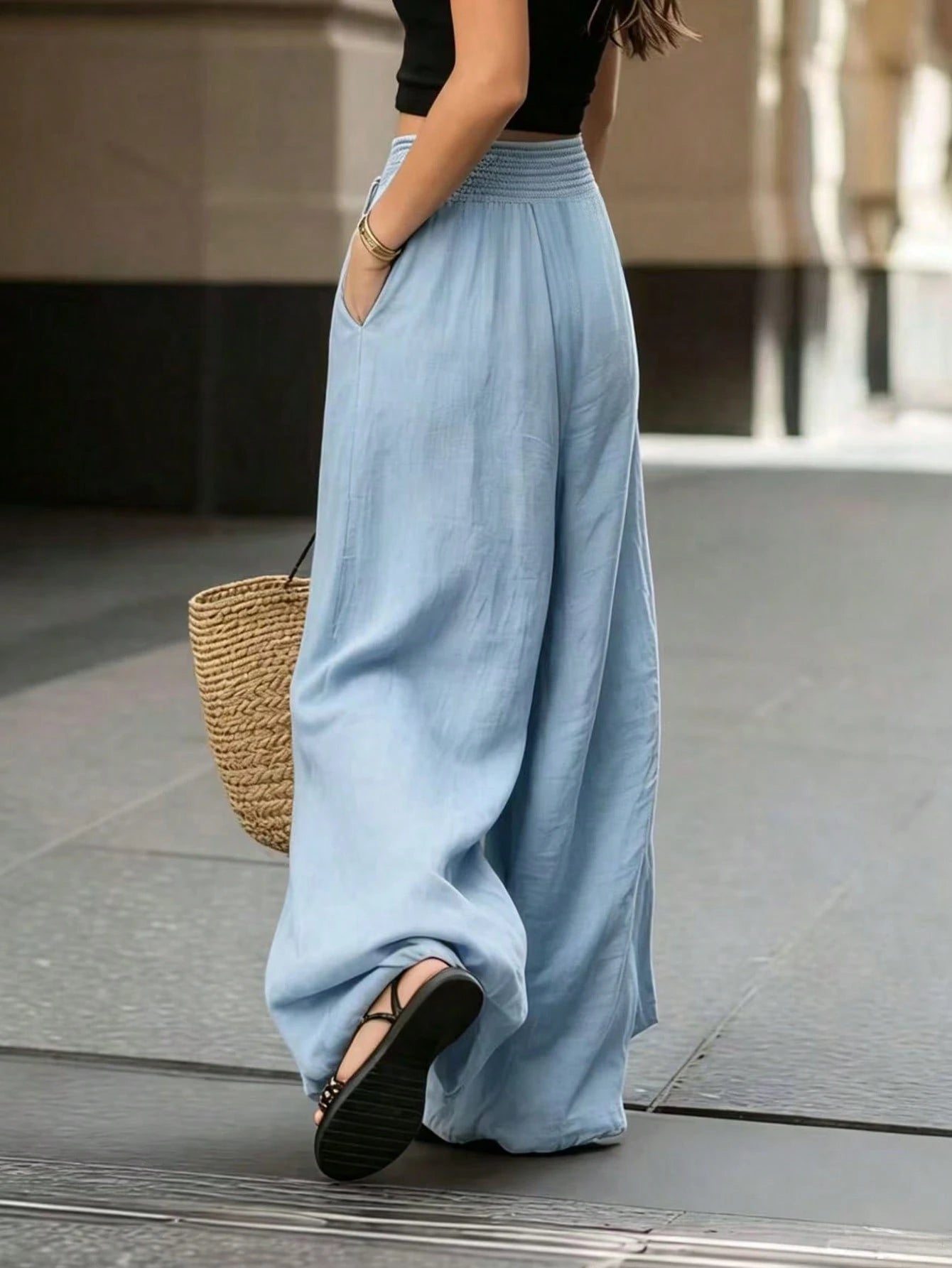 Breezaya Women's Light Blue High-Waisted Wide-Leg Pants, Elegant Summer Casual Loose Solid Color For Vacation, Holiday, Beach, Commuting & Daily Wear