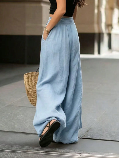 Breezaya Women's Light Blue High-Waisted Wide-Leg Pants, Elegant Summer Casual Loose Solid Color For Vacation, Holiday, Beach, Commuting & Daily Wear