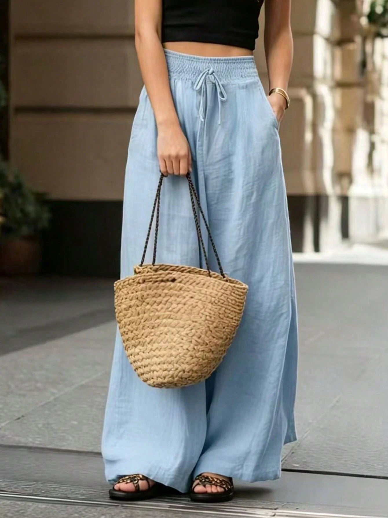 Breezaya Women's Light Blue High-Waisted Wide-Leg Pants, Elegant Summer Casual Loose Solid Color For Vacation, Holiday, Beach, Commuting & Daily Wear