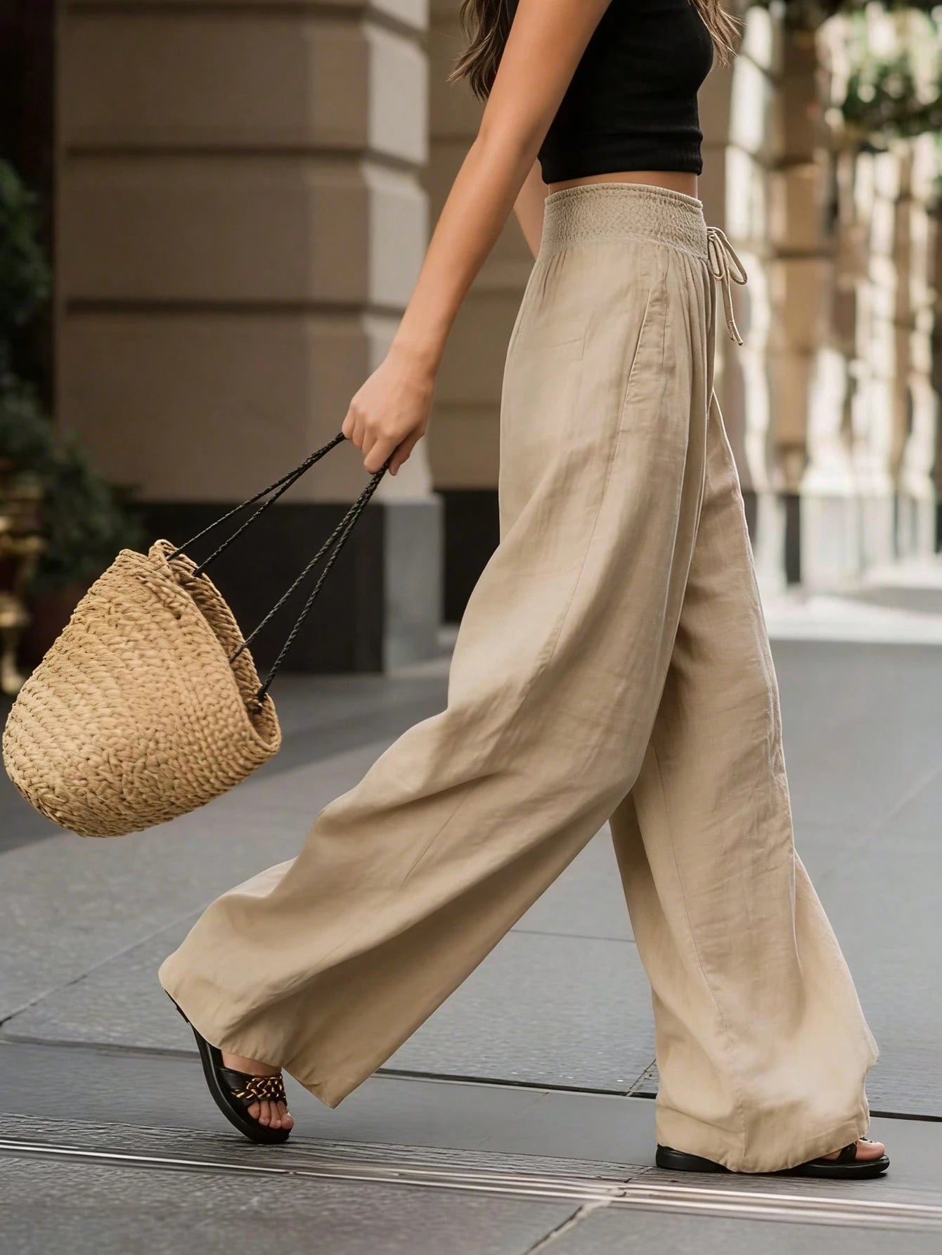 Breezaya Women's Light Blue High-Waisted Wide-Leg Pants, Elegant Summer Casual Loose Solid Color For Vacation, Holiday, Beach, Commuting & Daily Wear