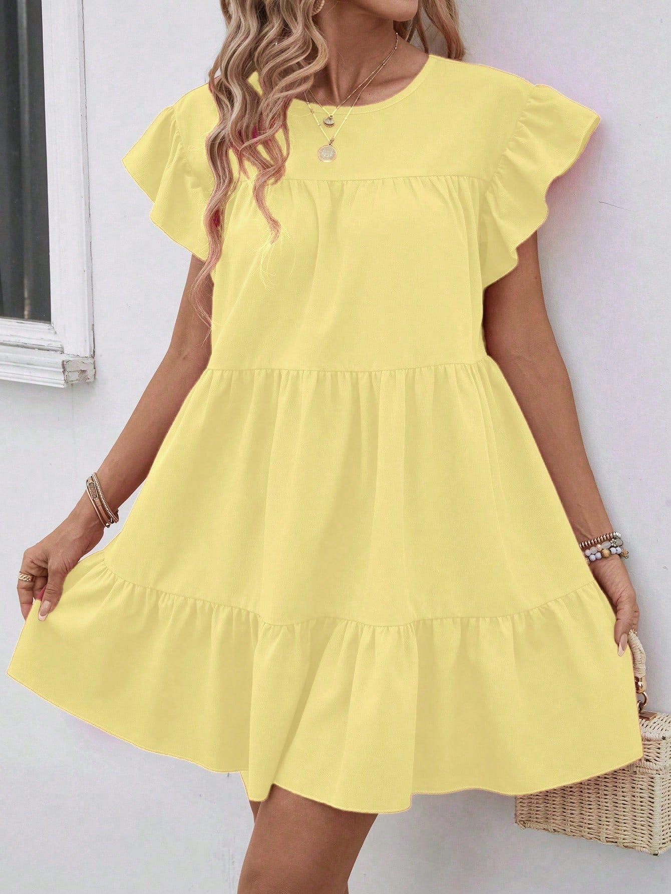 Breezaya Women's Pale Yellow Summer Boho Vacation Loose Babydoll Dress,Solid Color Round Neck Ruffle Trim Holiday Beach Outfit,Casual Summer Dresses