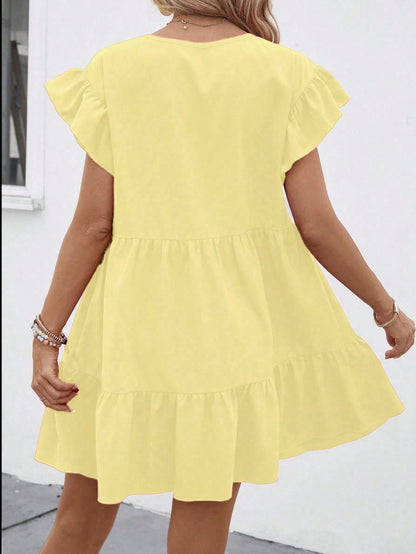 Breezaya Women's Pale Yellow Summer Boho Vacation Loose Babydoll Dress,Solid Color Round Neck Ruffle Trim Holiday Beach Outfit,Casual Summer Dresses
